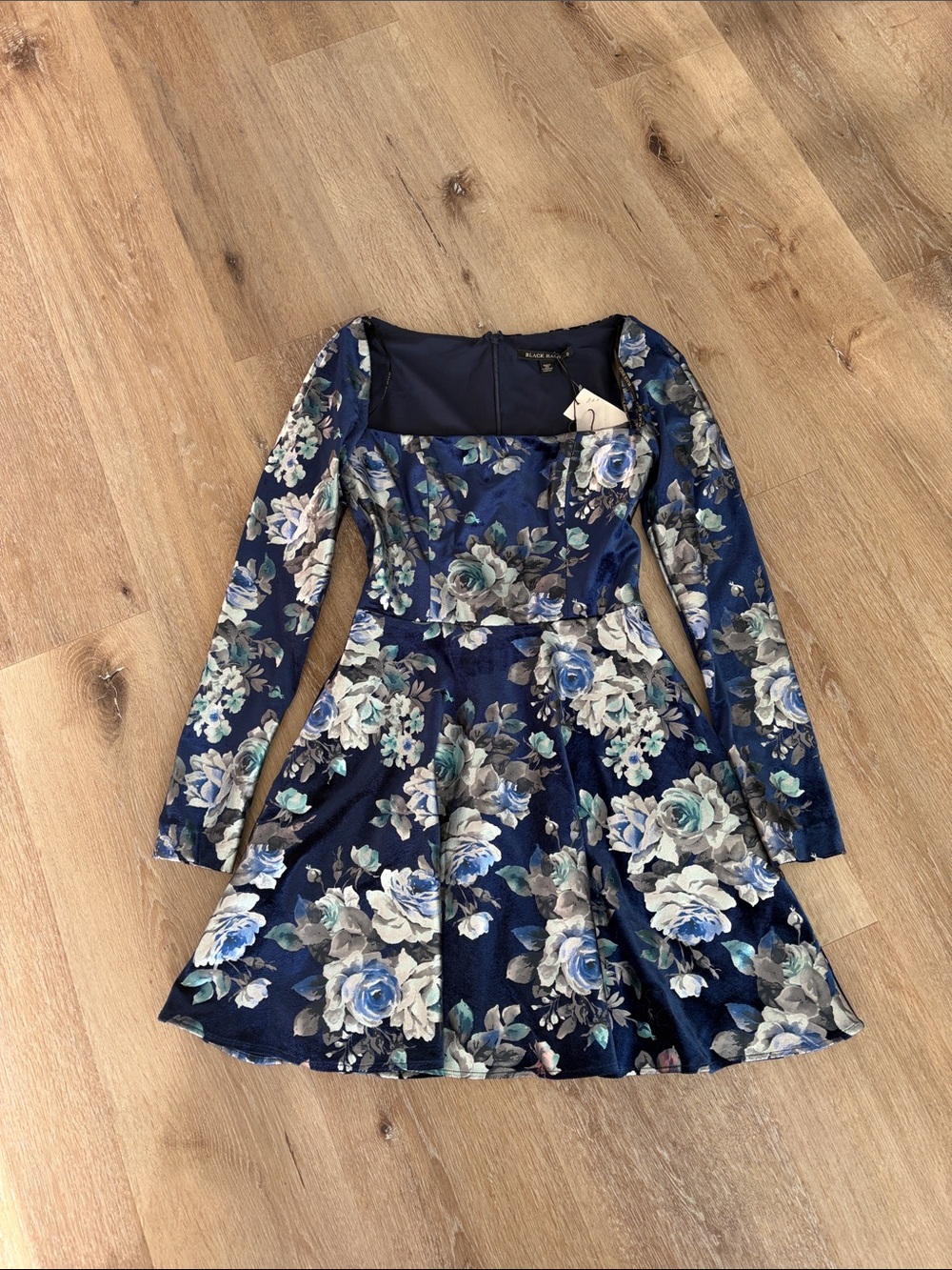 Black Halo Navy Floral Square-Neck Fit & Flare Dress